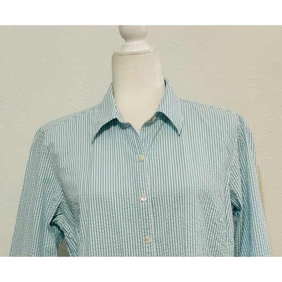 LL Bean Women Size M Teal/White Striped Seersucker Button Up Shirt Blouse - Picture 2 of 13